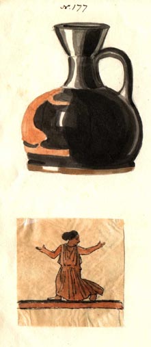(177) red figure vase, female figure crouching with arms out